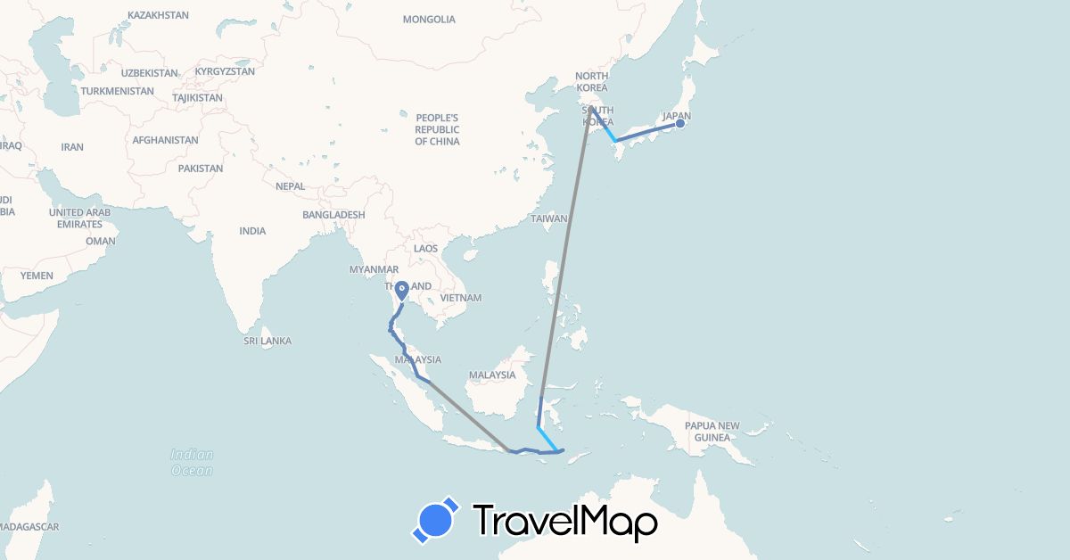 TravelMap itinerary: plane, cycling, boat in Indonesia, Japan, South Korea, Malaysia, Singapore, Thailand (Asia)